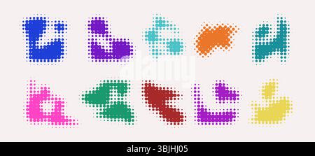 Set of colorful halftone blob shapes - ink stain silhouettes isolated on light background. Dotted grunge textures, rough spray spots. Distressed splatter effect. Abstract vector design element. Stock Vector