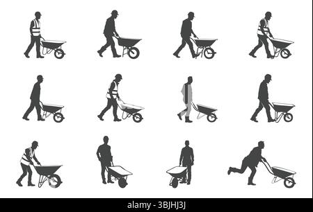 Construction worker and wheelbarrow svg, Construction worker and wheelbarrow silhouette, Worker with wheelbarrow silhouette, Worker with wheelbarrow s Stock Vector