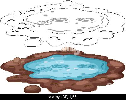 Vector illustration of a cartoon-style mud puddle with rocks, featuring both colored and outline versions for versatile use Stock Vector