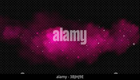 Pink smoke clouds with sparkle particles floating on transparent background. Magical fog effect with bright magenta mist and glowing stars. Fantasy atmosphere overlay for romantic or mystical design. Stock Vector