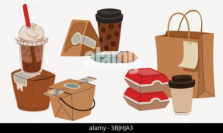 Takeaway food paper package set - coffee cups with straws, noodle boxes, sandwich wraps, burger containers and shopping bags. Eco friendly recyclable delivery supplies, sustainable materials. Stock Vector