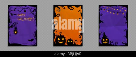 Halloween frame collection for social media posts - spooky borders with pumpkins, bats, skeleton hand and glowing lanterns. Purple and orange decorative cards with scary trees and festive lights. Stock Vector