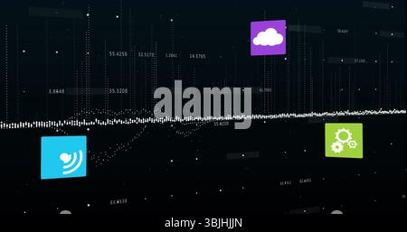 Displaying white dotted waveform spanning dark panel, with icons, dot clusters and numeric labels Stock Photo