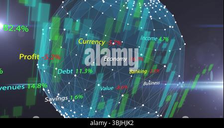 Visualizing spherical network mesh floating in digital space with green red candlestick metrics Stock Photo