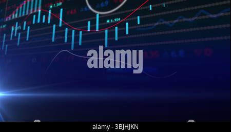 Displaying trading chart on screen with turquoise candlestick bars, red trend line, gauge, labels Stock Photo
