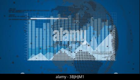 Displaying data visualization over blue dashboard, with dotted globe, data points and axis labels Stock Photo