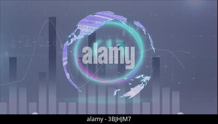 Floating stylized holographic globe displaying data in dashboard, with neon rings and data charts Stock Photo