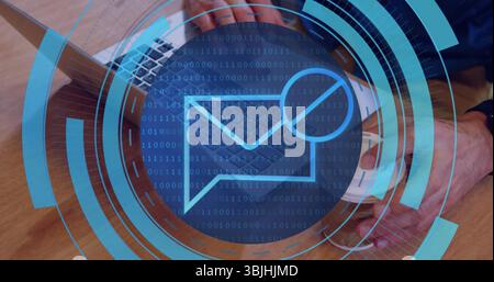 Working man in dark shirt using smartphone typing on laptop at office desk, email search overlay Stock Photo
