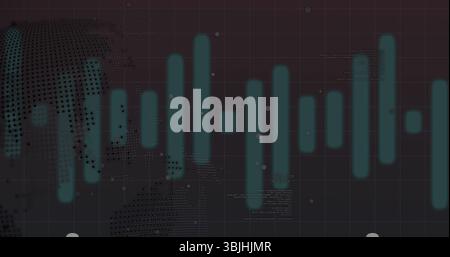 Displaying teal data bar chart on digital dashboard, with world map and code fragments Stock Photo