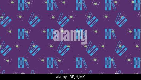 Displaying pattern featuring blue server rack icons and green virus symbols on purple background Stock Photo