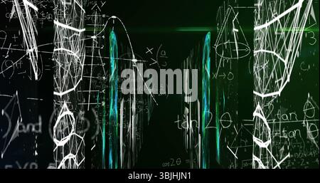 Displaying graphic forming 3D tunnel in dark green gradient, with turquoise pillars and formulas Stock Photo