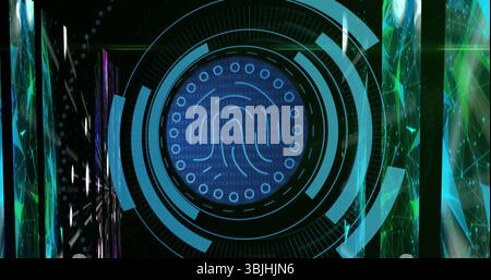 Displaying biometric fingerprint icon over data interface, with binary code and neon mesh panels Stock Photo
