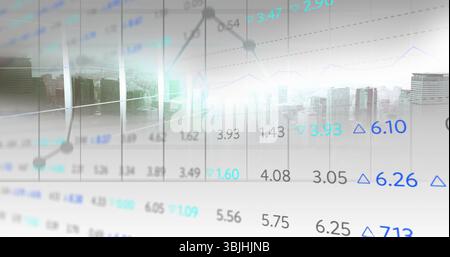 Displaying translucent financial line chart fluctuating over city skyline, with numeric data points Stock Photo