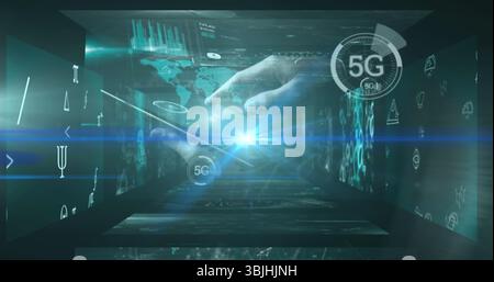Hands holding tablet projecting holographic 5G icon, world map, bar charts and data in tunnel Stock Photo