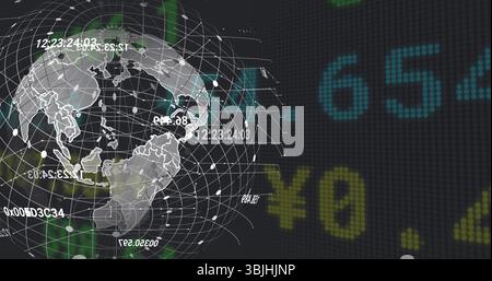 Rotating map-outlined wireframe globe on virtual screen, floating timecodes, hex codes, ¥ values Stock Photo