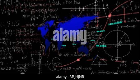 Displaying blue world map silhouette on digital board, showing handwritten equations and graphs Stock Photo