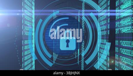 Displaying cyan padlock icon glowing in digital UI, with rings, arcs, binary panels, flare accents Stock Photo