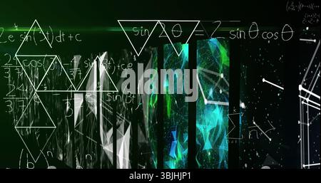 Displaying central white math formulas and green-blue mesh in digital interface, with network lines Stock Photo