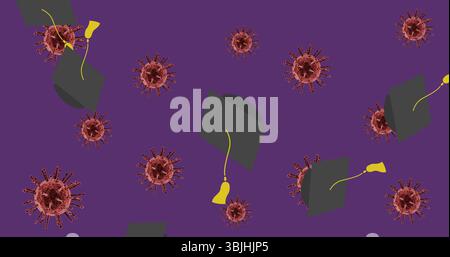 Displaying purple field featuring red virus models and gray graduation caps with yellow tassels Stock Photo