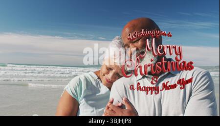 Embracing mature couple standing at beach shoreline, with Merry Christmas and happy New Year text Stock Photo