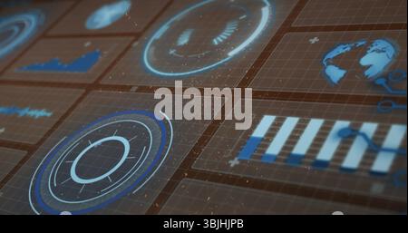 Holographic panel displaying data in control room with circular gauges and globe icon, particles Stock Photo