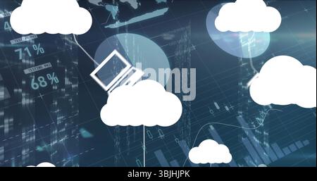 Displaying white cloud with laptop connecting lines in network, with world maps and percent labels Stock Photo