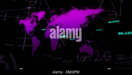 Displaying magenta stylized world map on dark interface, with grid lines formulas and coordinates Stock Photo