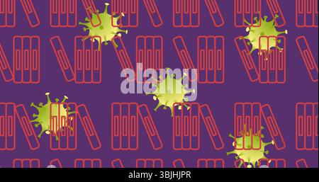 Featuring red book icons grouping in threes on flat purple backdrop, with bright green virus shapes Stock Photo
