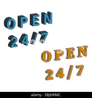 Open 24 7 text. Vector bold typography. Blue yellow layout. Three dimensional style. Stock Vector
