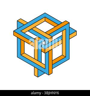 Impossible cube shape. Isometric vector structure. Orange blue illusion. Geometric frame design. Stock Vector