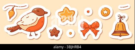 Christmas stickers with a cute bird, xmas bow, star, cookie, garland. Stock Vector