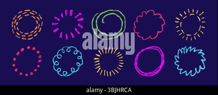 Doodle crayon circle. Hand drawn firework. Sketch brush star. Crayon texture circles. Doodle lines and dots. Hand drawn sparkle. Vector illustration Stock Vector