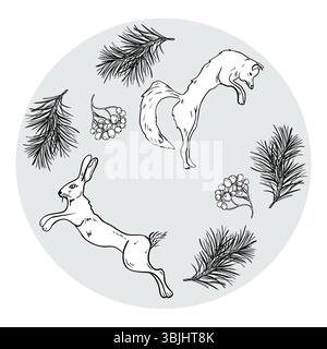 Fox and hare in circle clipart with pine branches and rowan berries black and white line art illustration. Hand drawn forest animals, winter Stock Vector
