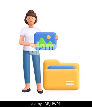 Smiling woman Jane holding a picture image icon in front of a large yellow folder. File storage, digital media management, content archiving concept. Stock Vector