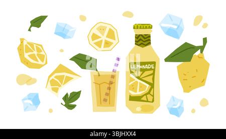 Bottle of lemonade, glass with straw, lemon slices, ice cubes, and leaves in cartoon flat style. Bright flat illustration, isolated on white backgroun Stock Vector