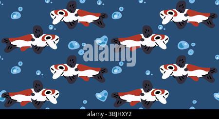Seamless pattern with white and red koi fish swimming among blue bubbles on dark background. Flat cartoon style, stylized aquatic illustration. Stock Vector