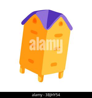 Bright cartoon beehive house with purple roof in flat style. Colorful beekeeping element, isolated on white background. Stock Vector