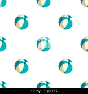 Seamless pattern with turquoise and cream beach balls on white background. Flat cartoon style, summer theme with minimal round elements. Stock Vector