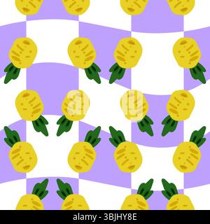 Seamless pattern with yellow pineapples on wavy lilac and white background. Flat cartoon style with tropical fruit theme and vibrant color palette. Stock Vector