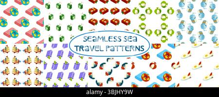 Collection of 10 seamless patterns with beach balls, suitcases, drinks, sandcastles, juice boxes, boats, and summer icons. Flat cartoon style, colorfu Stock Vector