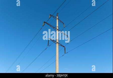 The top part of a tall power pole with wires and insulators against a clear blue sky. Stock Photo