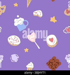 Seamless pattern with donuts, cookies, cupcakes, candies, and mugs in pastel cartoon style. Scattered design on purple background. Stock Vector