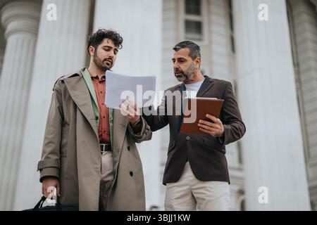 Two men discussing documents outdoors near a historic building facade Stock Photo