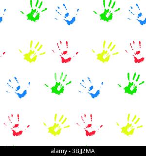 Colored pattern with kids hands palm, children hands palm, fingerprints and handprints paint, creative playful, diversity kids fun, vector illustratio Stock Vector
