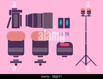 Essential Elements of a Professional Photography Kit Featuring Camera, Lens, Flashlights and Accessories Stock Vector