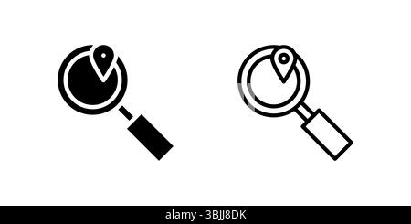 Magnifying glass over map pin icon set for finding places and trip planning Stock Vector