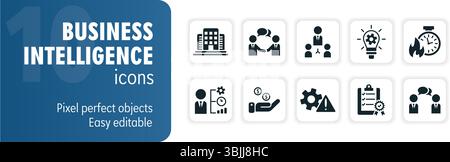 Ten glyph icons representing different activities related to business intelligence Stock Vector