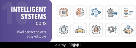 Set of ten icons representing intelligent systems and concepts related to artificial intelligence, machine learning, and automation Stock Vector