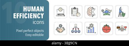 Ten colorful icons representing concepts of human efficiency and performance optimization Stock Vector