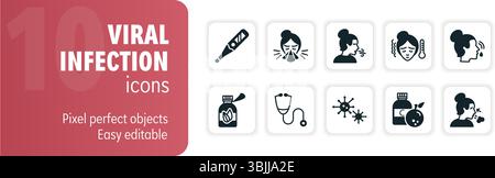 Set of ten icons featuring various symptoms and treatments for viral infections, including coughing, sneezing, fever, and medication Stock Vector
